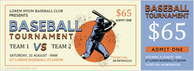 Baseball Tournament Ticket Template | MS Word Event Ticket Templates