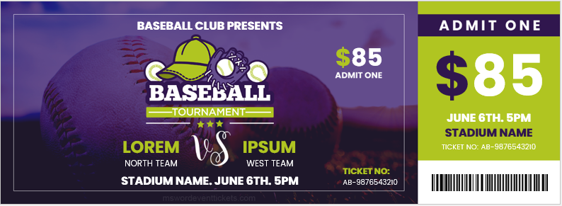 Baseball Tournament Ticket Template for Word