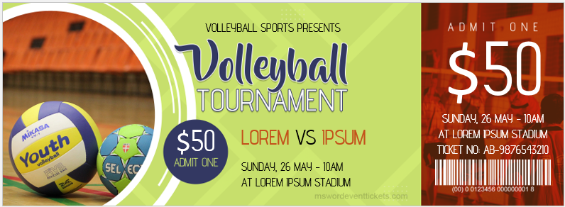 Volleyball Tournament Ticket Template for Word